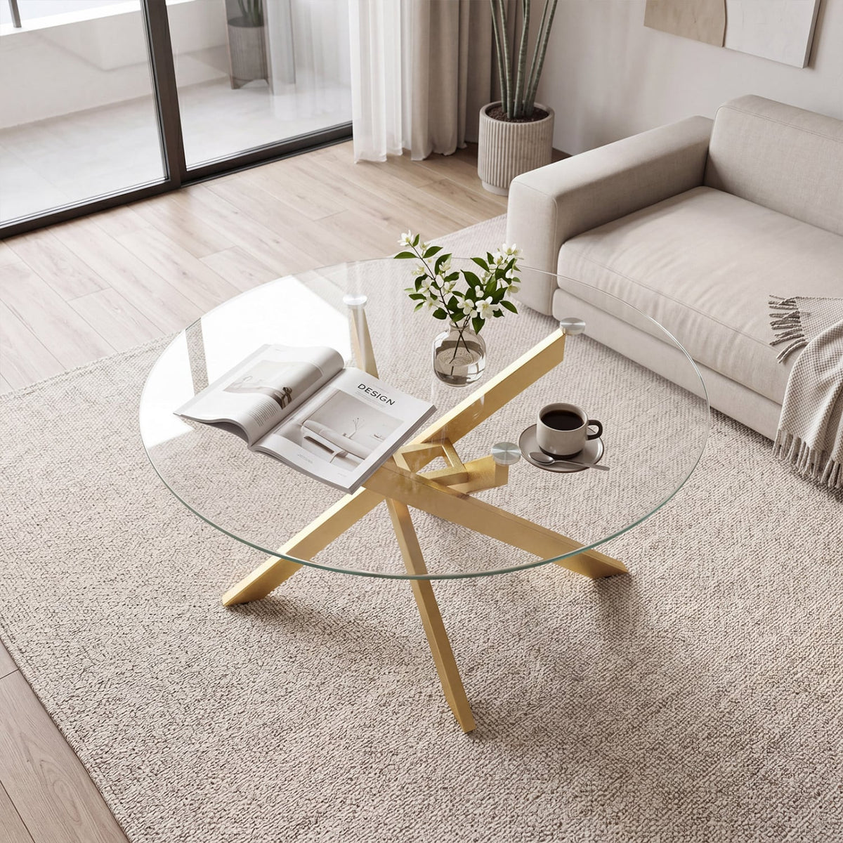 Glass Coffee Table Round Clear Center Table with Tempered Glass Top-Golden-Coffee Tables-DECOROLALA