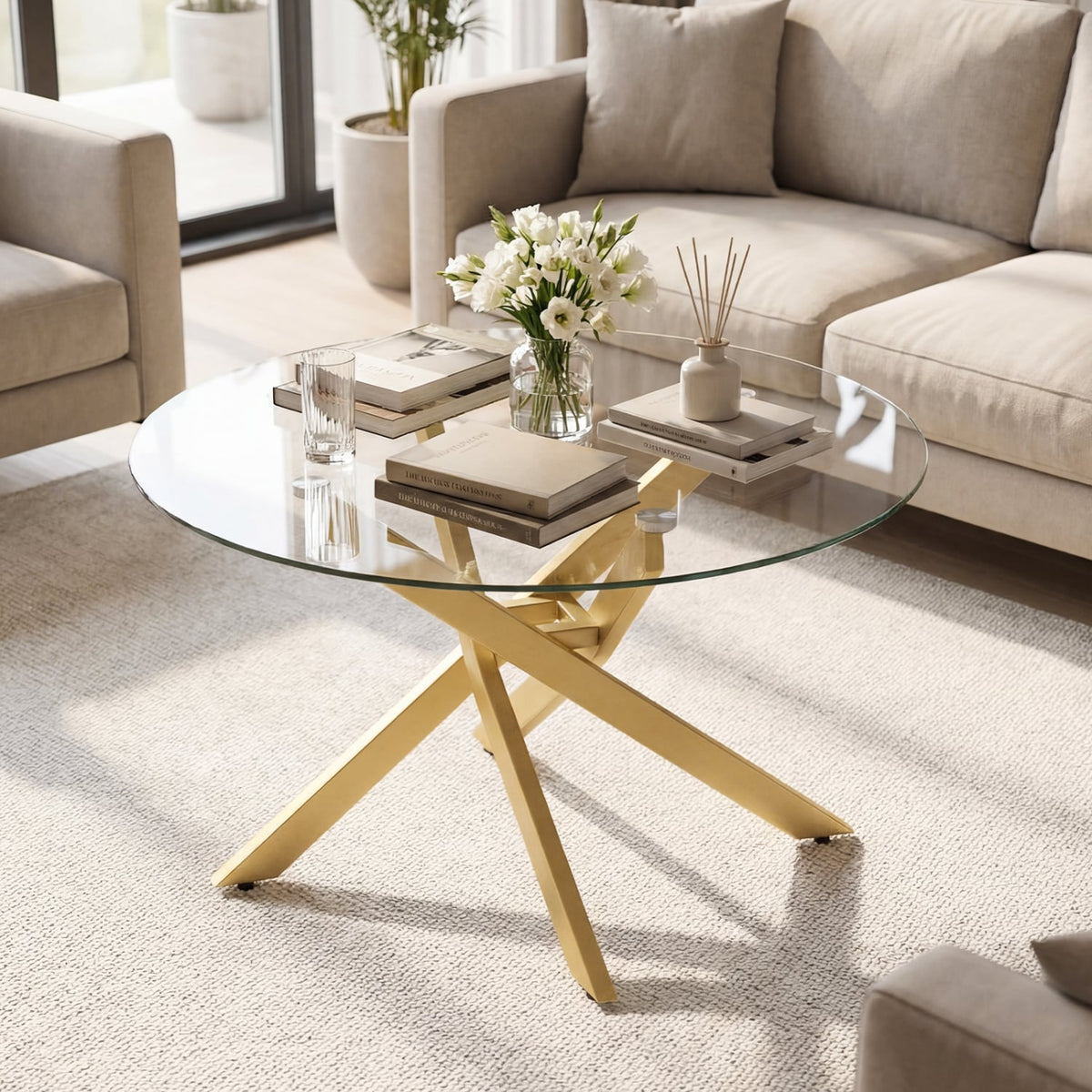 Glass Coffee Table Round Clear Center Table with Tempered Glass Top-Golden-Coffee Tables-DECOROLALA