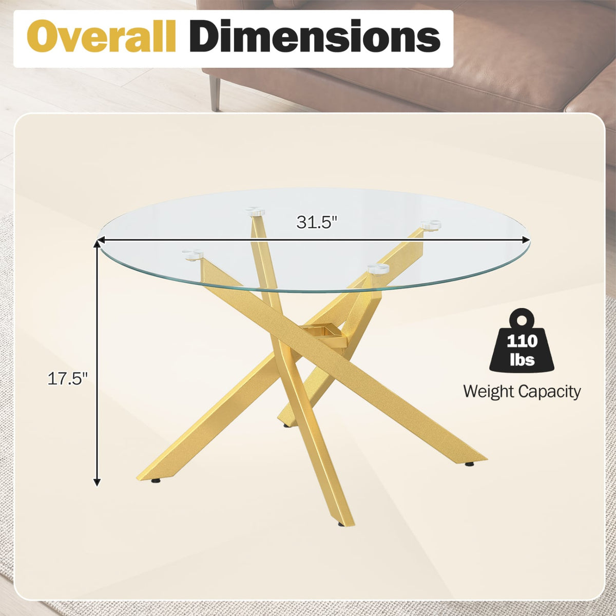 Glass Coffee Table Round Clear Center Table with Tempered Glass Top-Golden-Coffee Tables-DECOROLALA