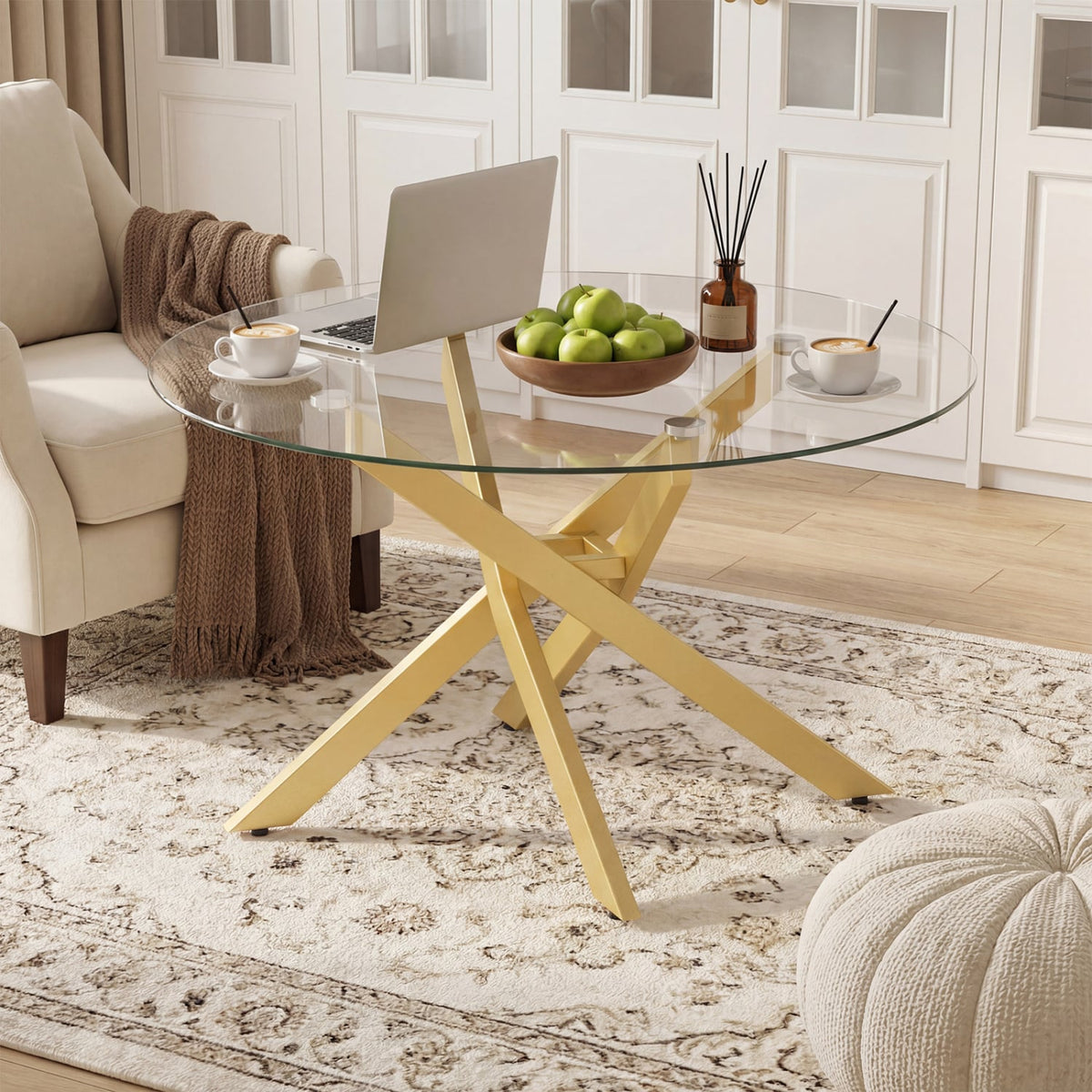 Glass Coffee Table Round Clear Center Table with Tempered Glass Top-Golden-Coffee Tables-DECOROLALA