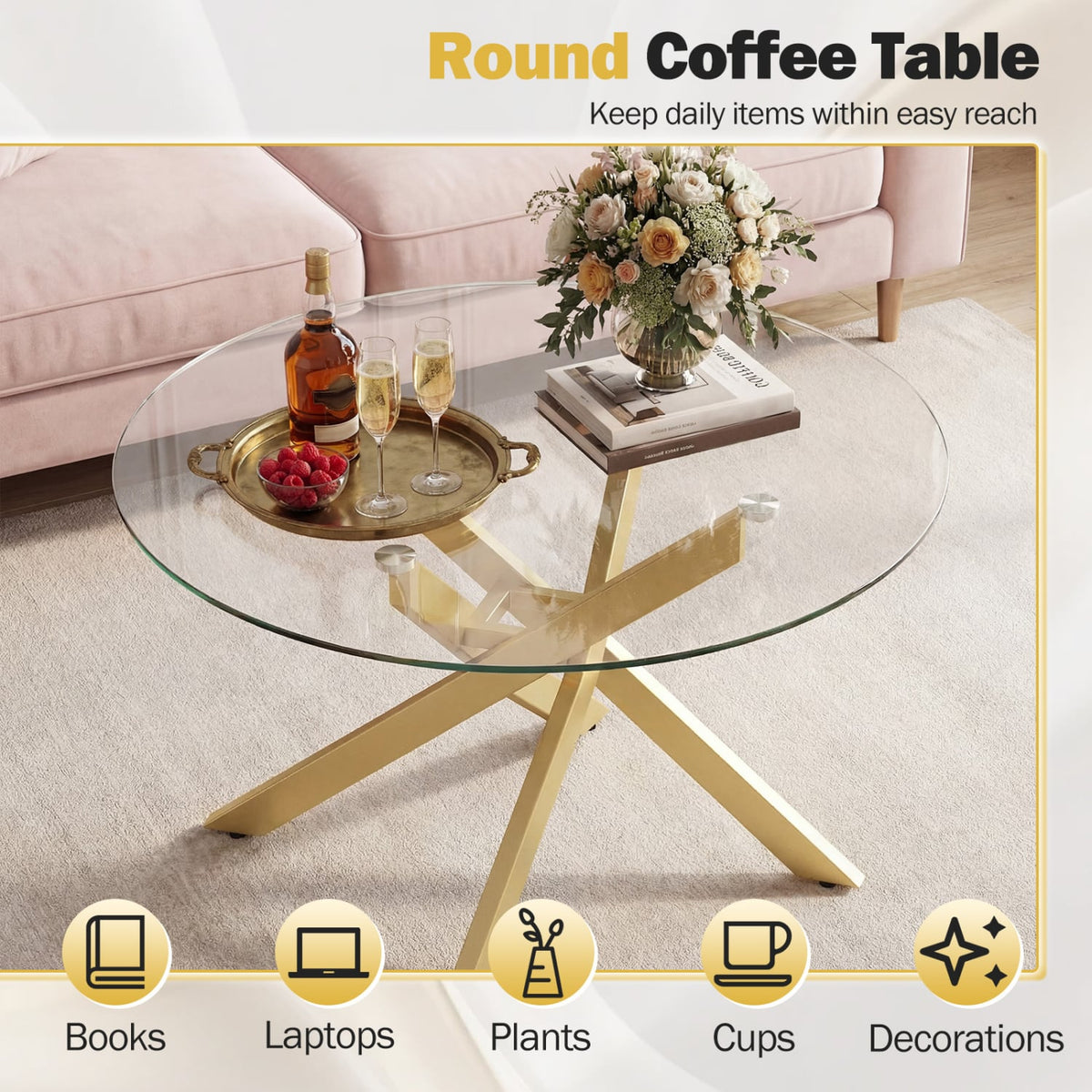 Glass Coffee Table Round Clear Center Table with Tempered Glass Top-Golden-Coffee Tables-DECOROLALA