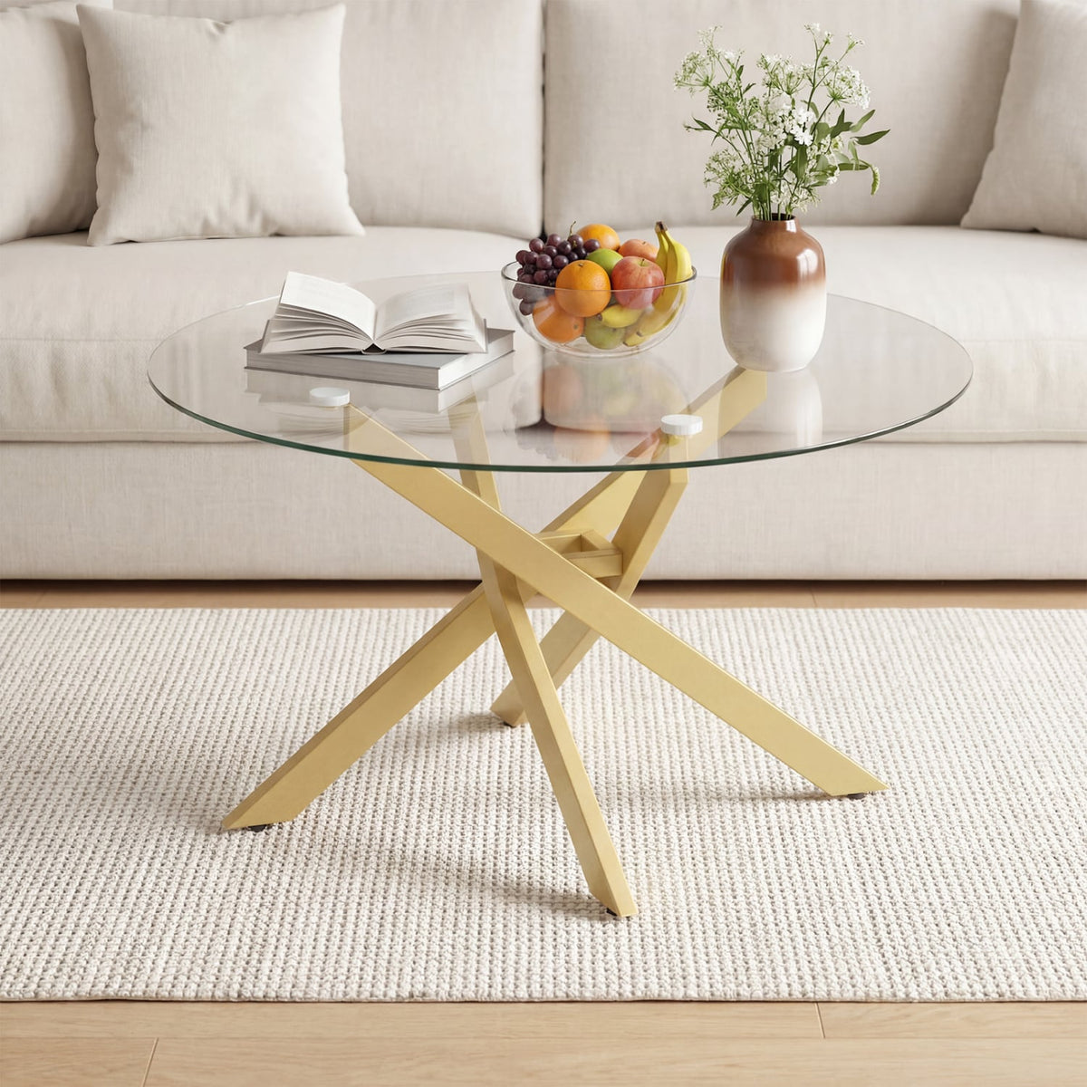 Glass Coffee Table Round Clear Center Table with Tempered Glass Top-Golden-Coffee Tables-DECOROLALA