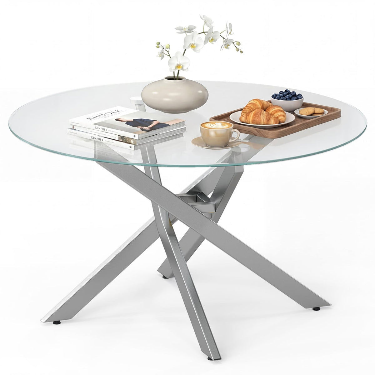 Glass Coffee Table Round Clear Center Table with Tempered Glass Top-Silver-Coffee Tables-DECOROLALA