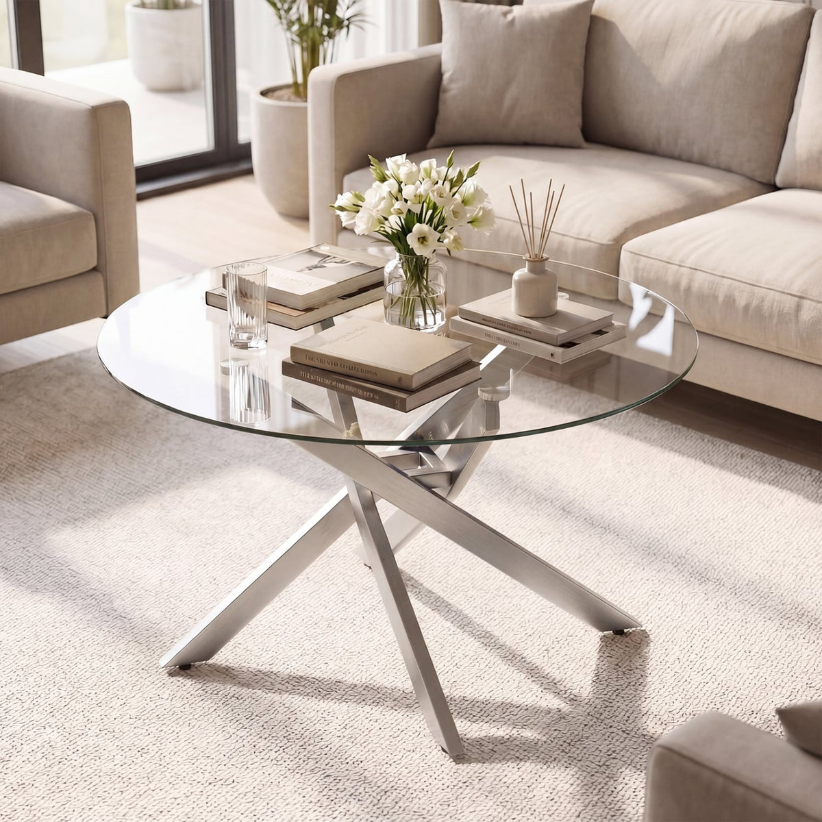 Glass Coffee Table Round Clear Center Table with Tempered Glass Top-Silver-Coffee Tables-DECOROLALA