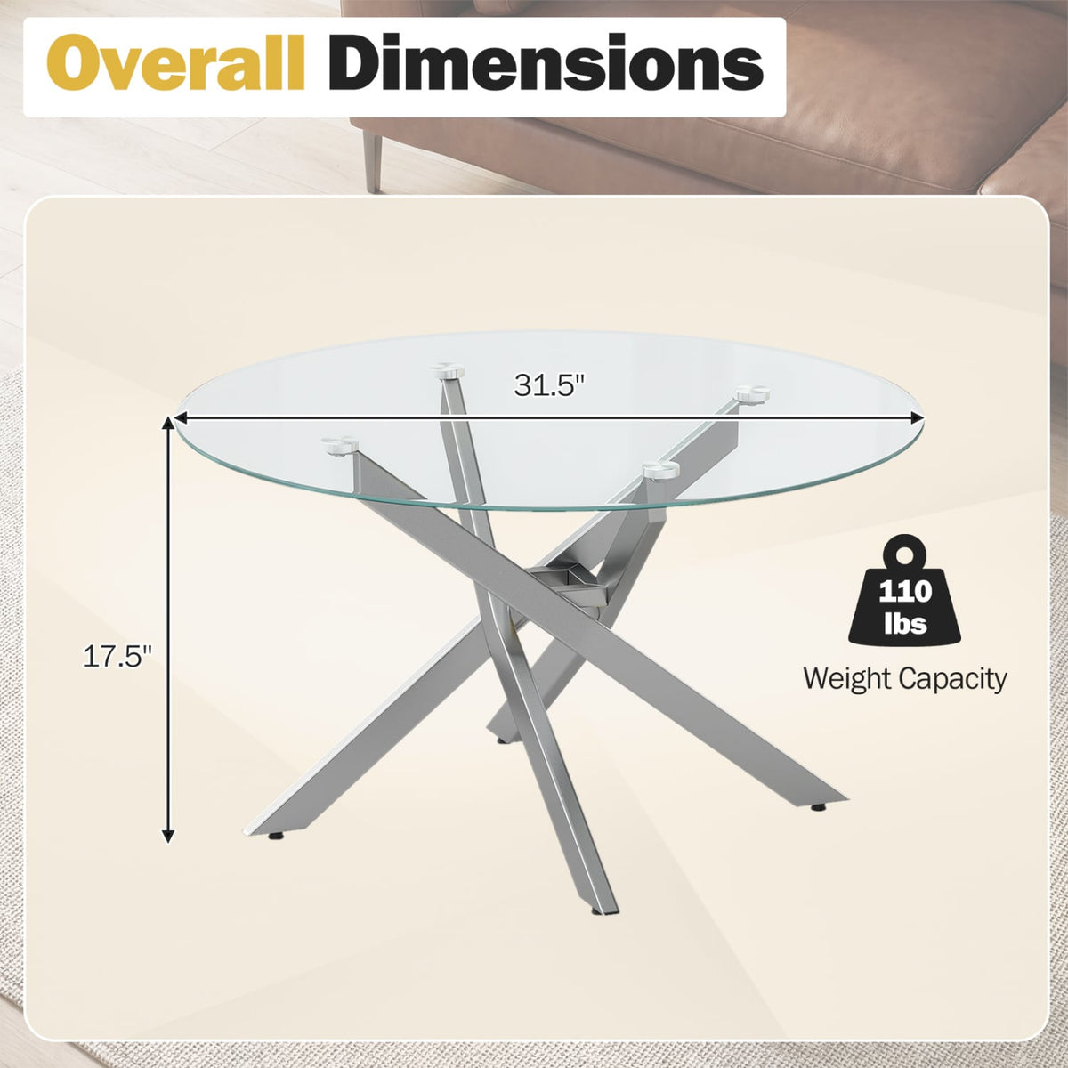 Glass Coffee Table Round Clear Center Table with Tempered Glass Top-Silver-Coffee Tables-DECOROLALA