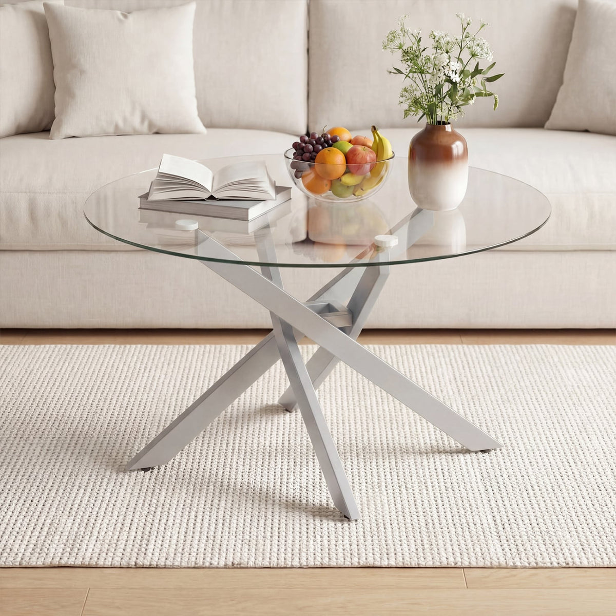Glass Coffee Table Round Clear Center Table with Tempered Glass Top-Silver-Coffee Tables-DECOROLALA