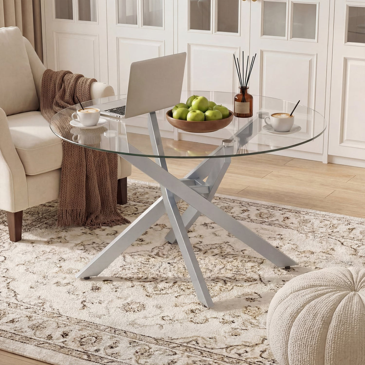 Glass Coffee Table Round Clear Center Table with Tempered Glass Top-Silver-Coffee Tables-DECOROLALA