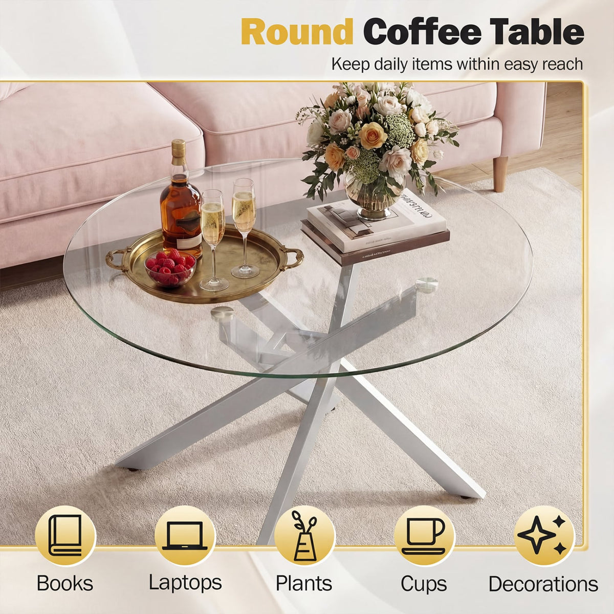 Glass Coffee Table Round Clear Center Table with Tempered Glass Top-Silver-Coffee Tables-DECOROLALA