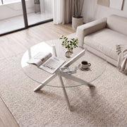 Glass Coffee Table Round Clear Center Table with Tempered Glass Top-Silver-Coffee Tables-DECOROLALA