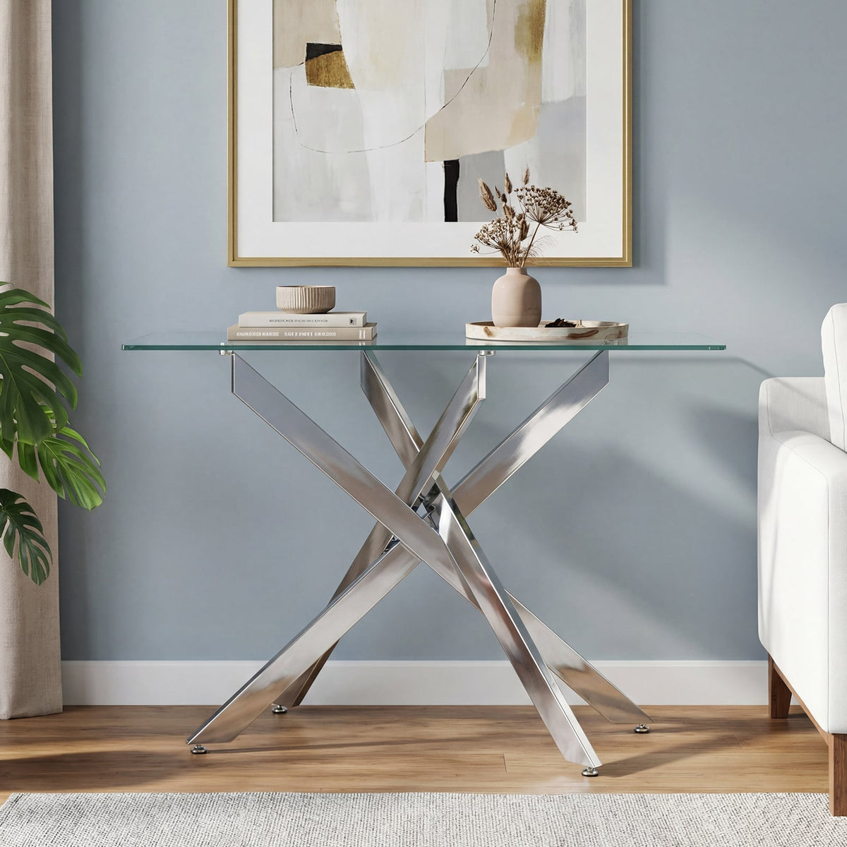 Glass Console Table Modern Entryway Table with Clear Tempered Glass Top-Silver-Console Tables-DECOROLALA