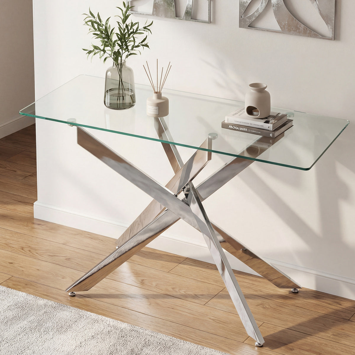 Glass Console Table Modern Entryway Table with Clear Tempered Glass Top-Silver-Console Tables-DECOROLALA