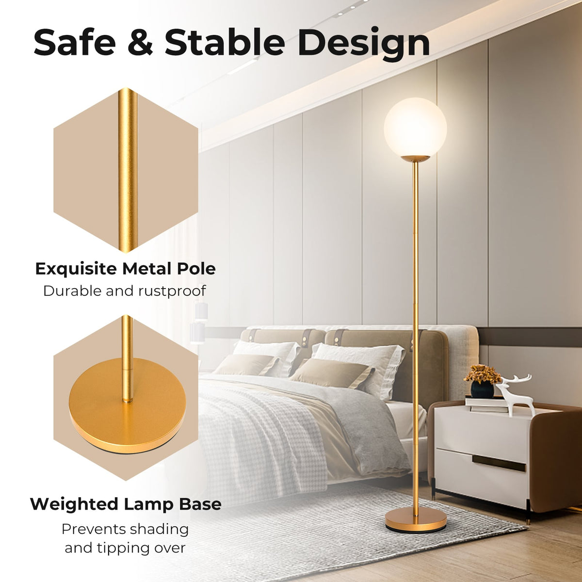 Glass Globe LED Floor Lamp with Glass Lampshade-Golden-Table & Floor Lamps-DECOROLALA