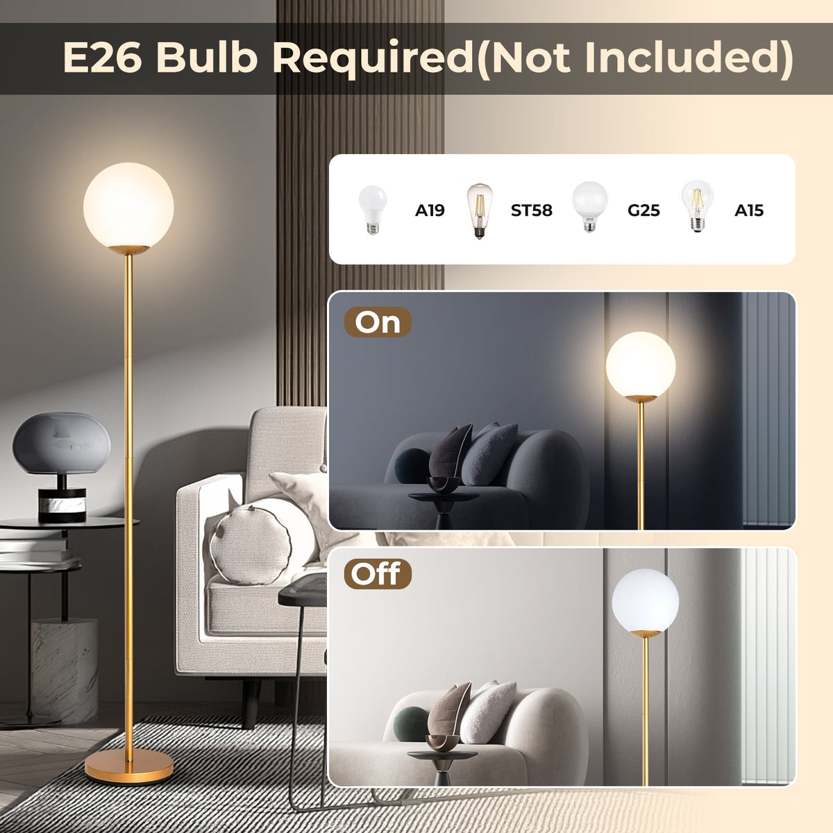 Glass Globe LED Floor Lamp with Glass Lampshade-Golden-Table & Floor Lamps-DECOROLALA
