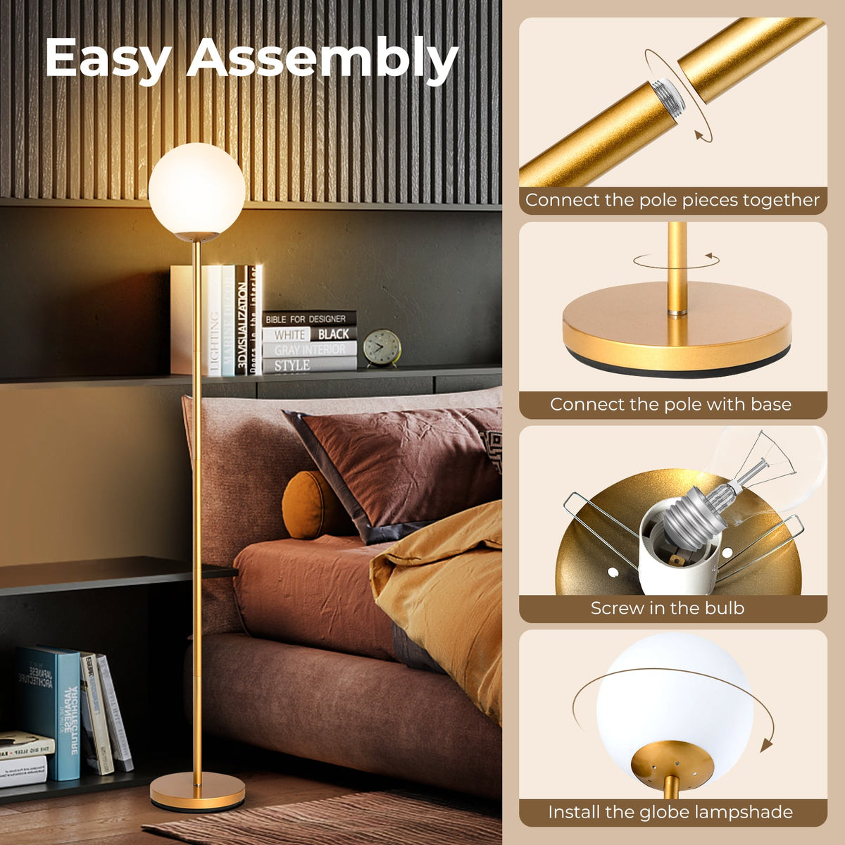 Glass Globe LED Floor Lamp with Glass Lampshade-Golden-Table & Floor Lamps-DECOROLALA