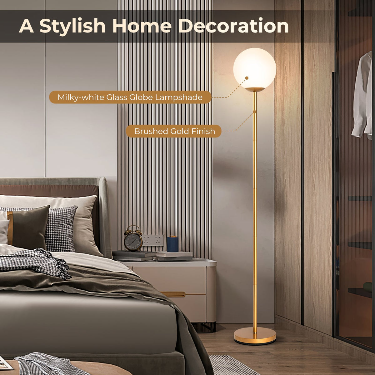 Glass Globe LED Floor Lamp with Glass Lampshade-Golden-Table & Floor Lamps-DECOROLALA