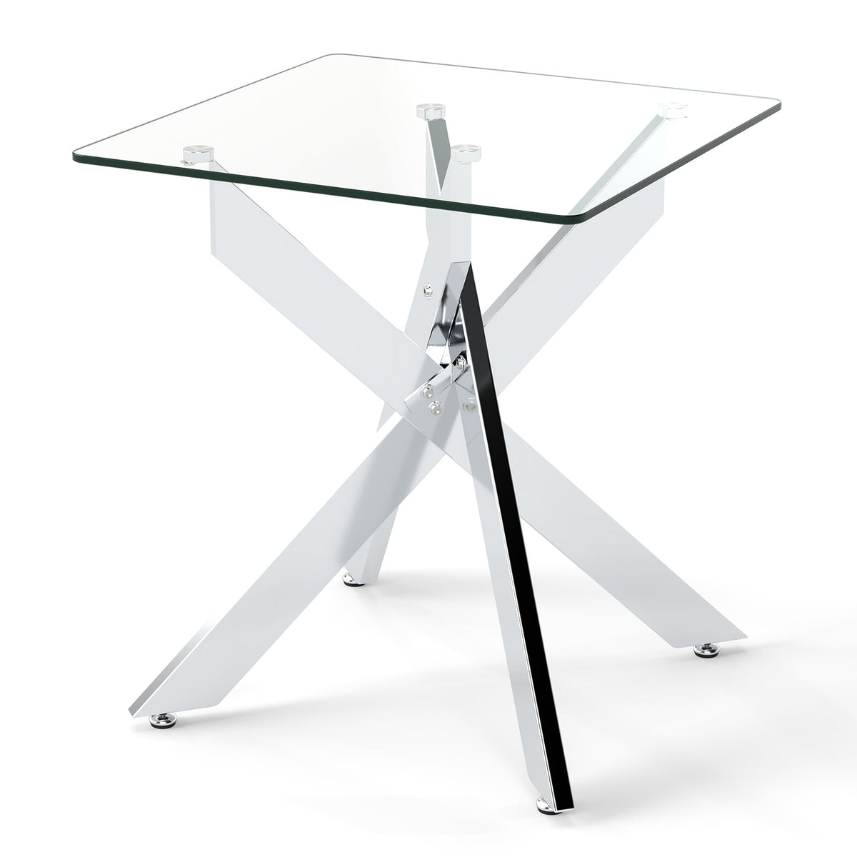 Glass Side Table Square End Table with Tempered Glass Top and Metal X Base-Silver-End & Side Tables-DECOROLALA