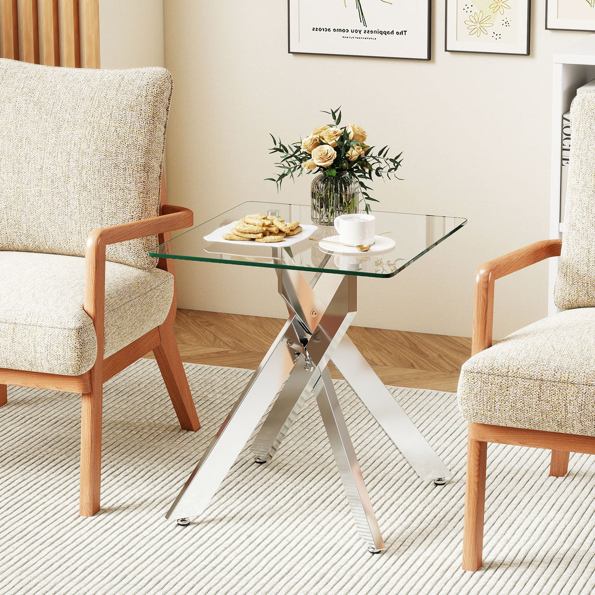Glass Side Table Square End Table with Tempered Glass Top and Metal X Base-Silver-End & Side Tables-DECOROLALA
