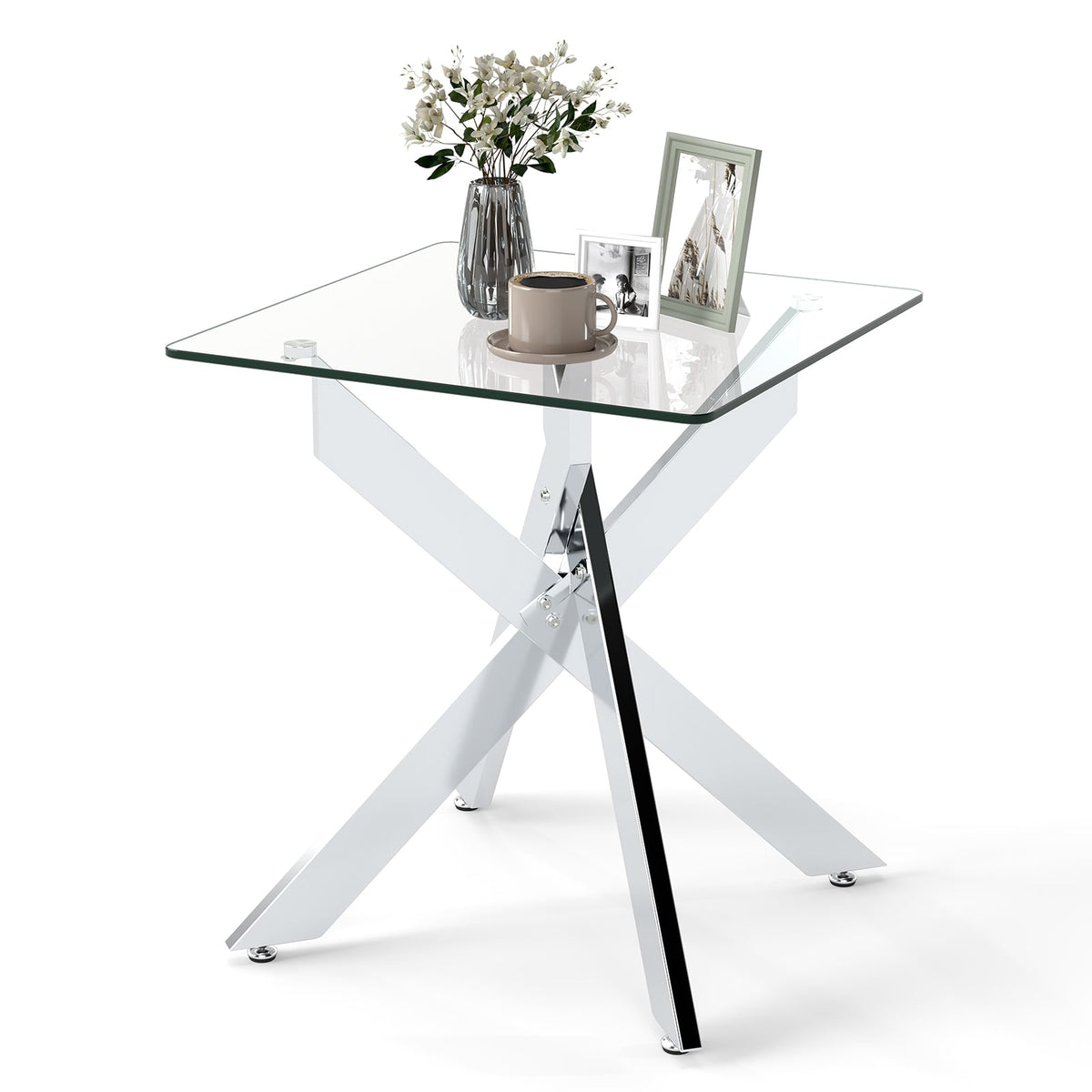 Glass Side Table Square End Table with Tempered Glass Top and Metal X Base-Silver-End & Side Tables-DECOROLALA