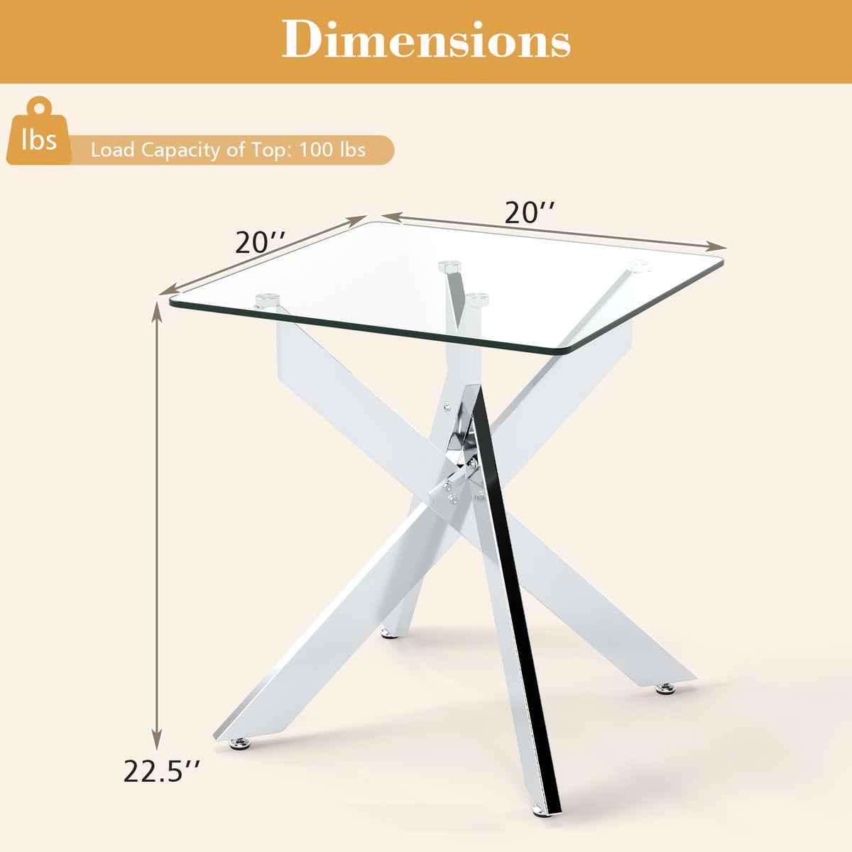 Glass Side Table Square End Table with Tempered Glass Top and Metal X Base-Silver-End & Side Tables-DECOROLALA