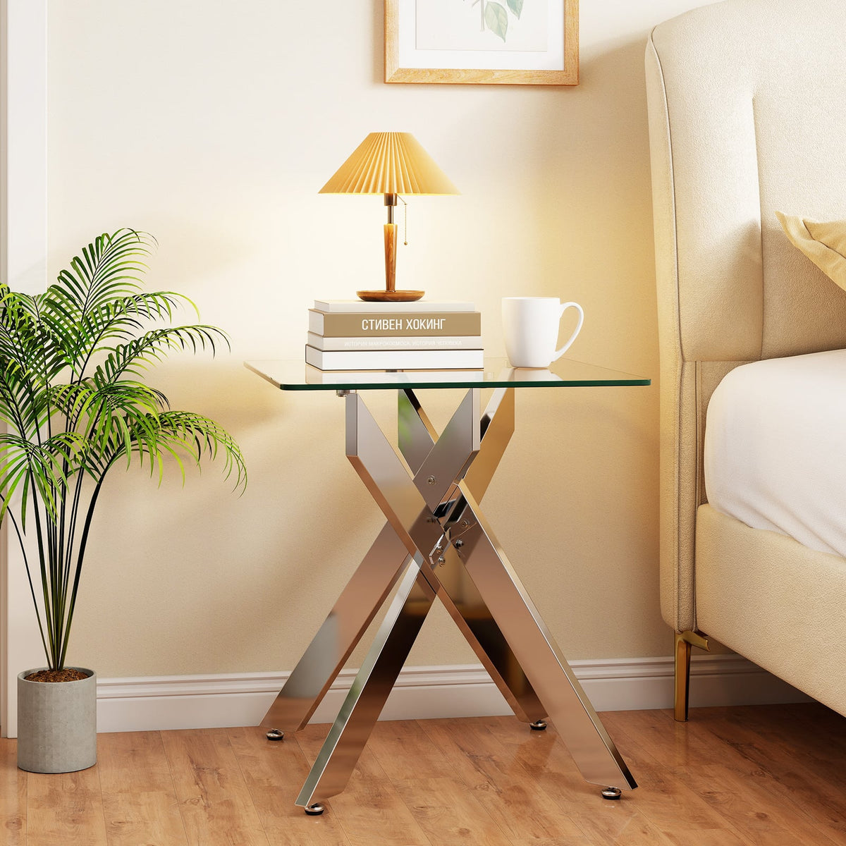 Glass Side Table Square End Table with Tempered Glass Top and Metal X Base-Silver-End & Side Tables-DECOROLALA