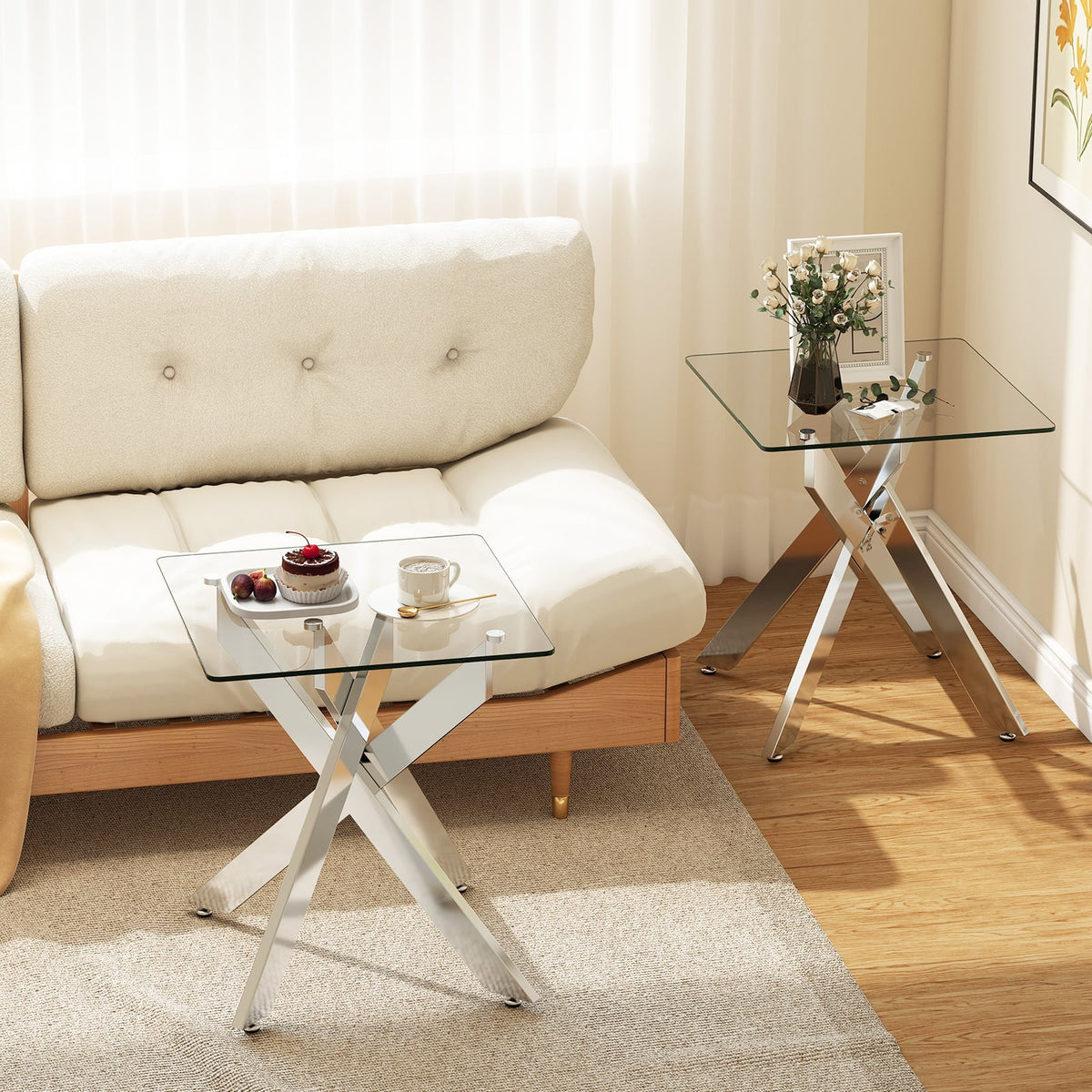 Glass Side Table Square End Table with Tempered Glass Top and Metal X Base-Silver-End & Side Tables-DECOROLALA