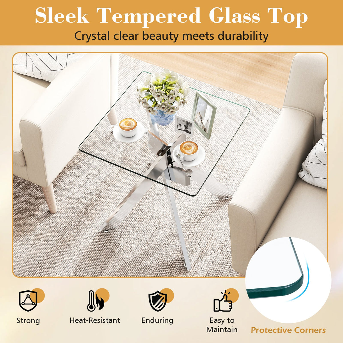 Glass Side Table Square End Table with Tempered Glass Top and Metal X Base-Silver-End & Side Tables-DECOROLALA