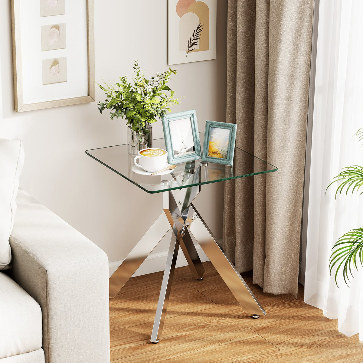 Glass Side Table Square End Table with Tempered Glass Top and Metal X Base-Silver-End & Side Tables-DECOROLALA