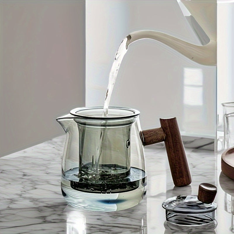 Glass Tea Kettle with Strainer & Wood Handle - 800ml Ash-Grey-Stovetop Kettl-DECOROLALA