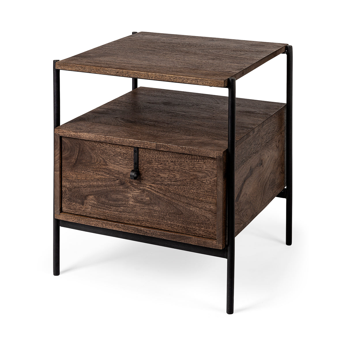 Glenn I 20L x 21W x 24H Dark Brown Wood w/ Black Iron Frame Square End/Side Table-End and Side Tables-DECOROLALA