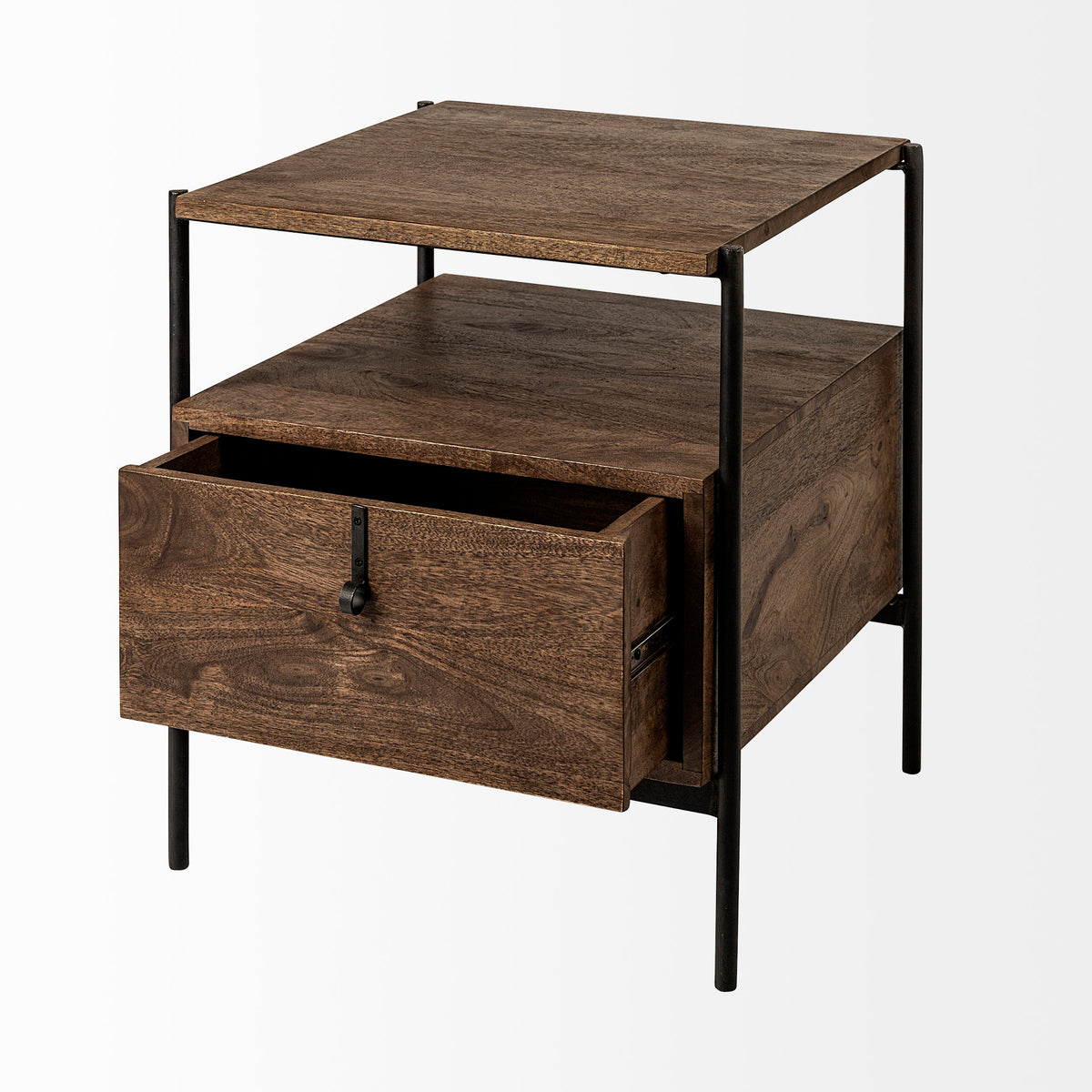Glenn I 20L x 21W x 24H Dark Brown Wood w/ Black Iron Frame Square End/Side Table-End and Side Tables-DECOROLALA