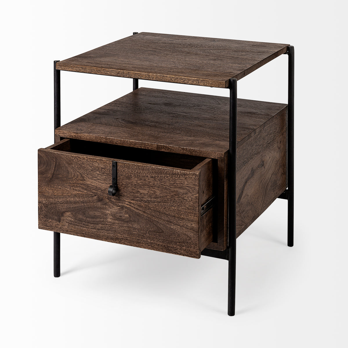 Glenn I 20L x 21W x 24H Dark Brown Wood w/ Black Iron Frame Square End/Side Table-End and Side Tables-DECOROLALA