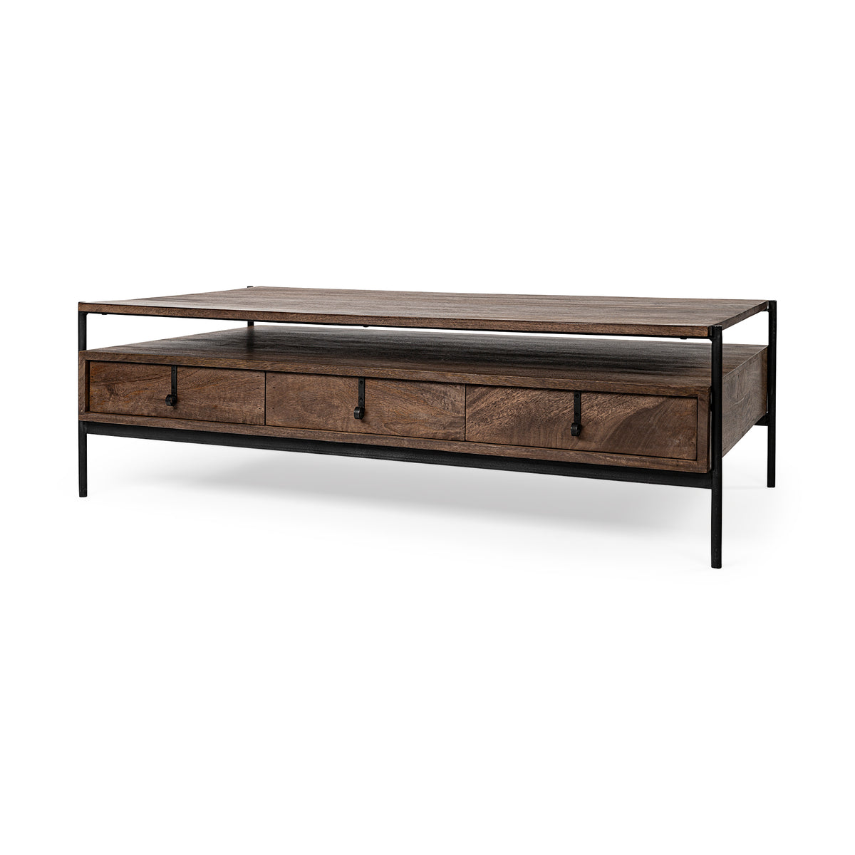 Glenn II 54x30 Dark Brown Wood w/ Black Iron Frame, Rectangle 3 Drawers Coffee Table-Coffee Tables-DECOROLALA