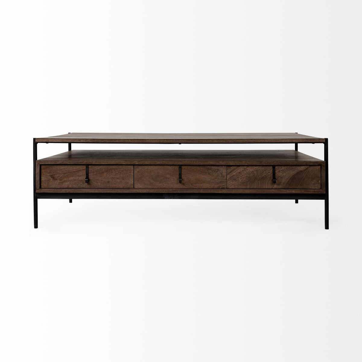 Glenn II 54x30 Dark Brown Wood w/ Black Iron Frame, Rectangle 3 Drawers Coffee Table-Coffee Tables-DECOROLALA