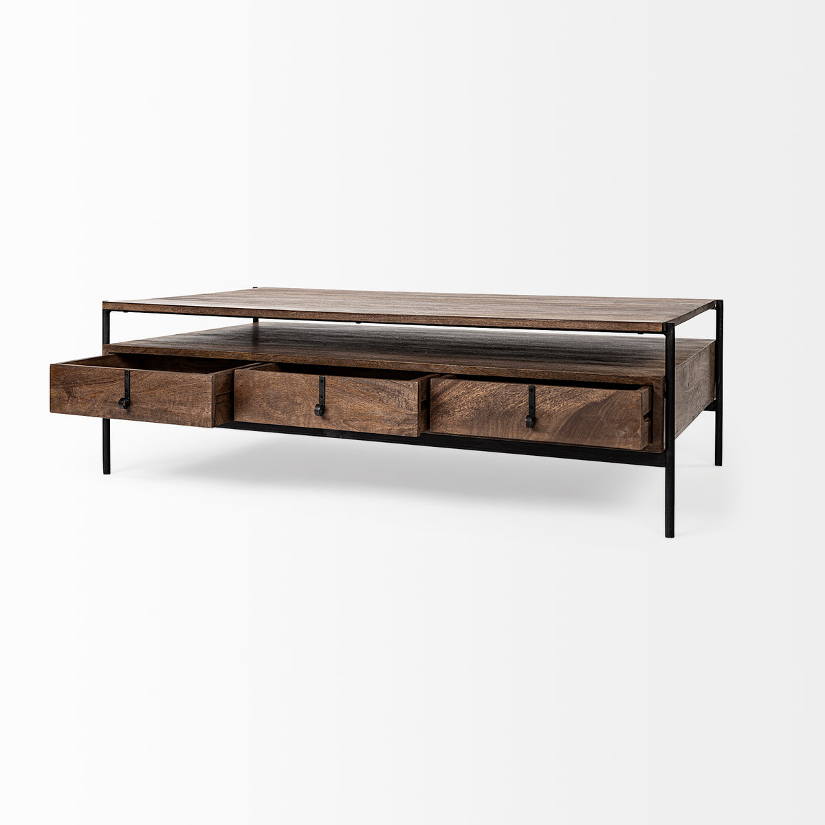 Glenn II 54x30 Dark Brown Wood w/ Black Iron Frame, Rectangle 3 Drawers Coffee Table-Coffee Tables-DECOROLALA