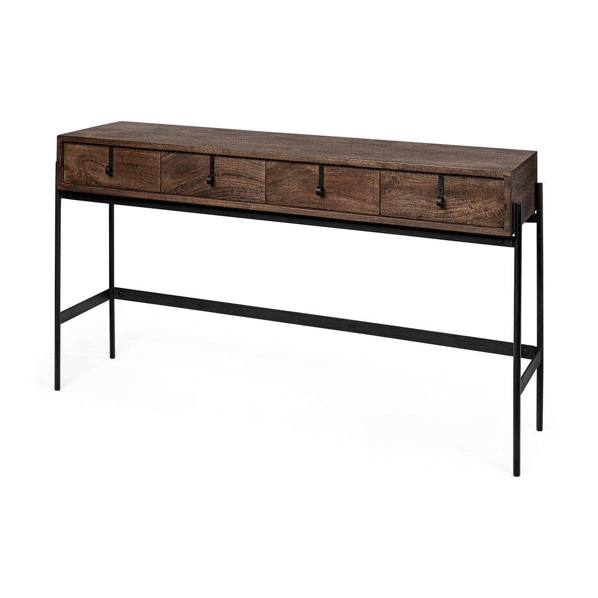 Glenn III 56L x 14W Dark Brown Wood w/ Black Iron Frame, 4 Drawer Console Table-Console Tables-DECOROLALA