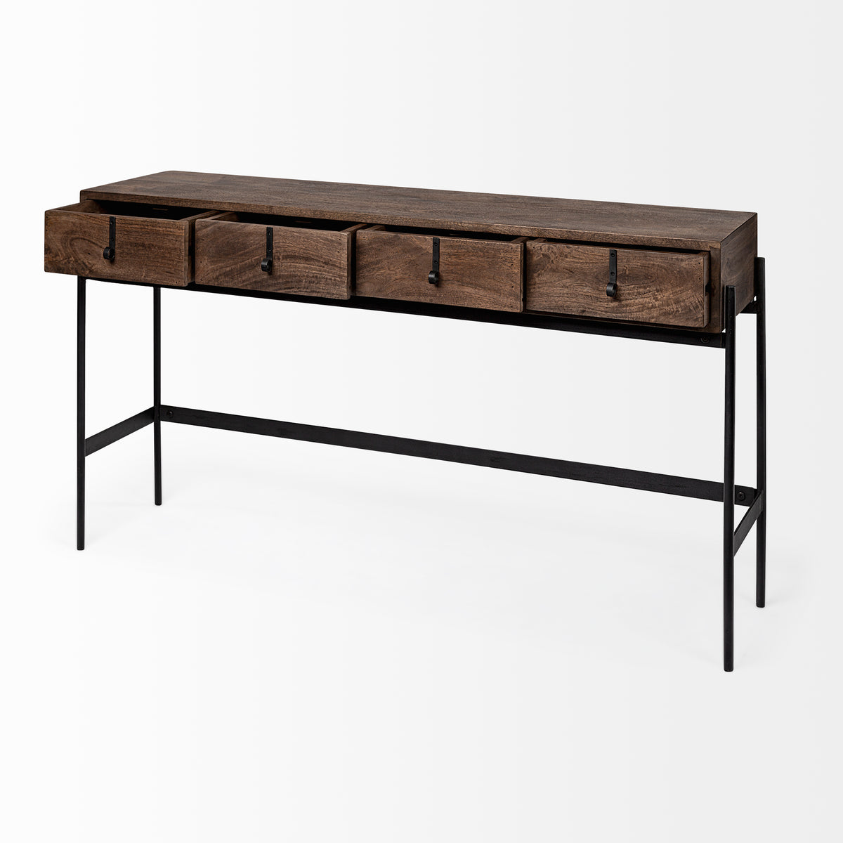 Glenn III 56L x 14W Dark Brown Wood w/ Black Iron Frame, 4 Drawer Console Table-Console Tables-DECOROLALA