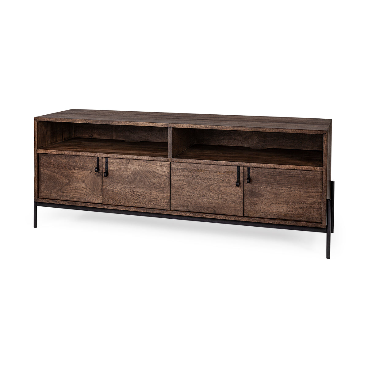 Glenn IV Dark Brown Wood w/ Black Iron Frame Media Console w/ Storage, TV Stand for TV up to 71"-Media Console-DECOROLALA