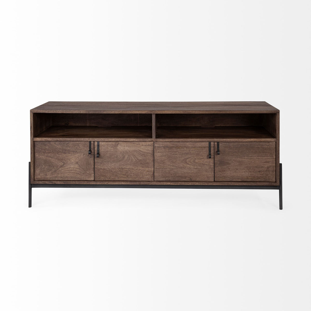 Glenn IV Dark Brown Wood w/ Black Iron Frame Media Console w/ Storage, TV Stand for TV up to 71"-Media Console-DECOROLALA