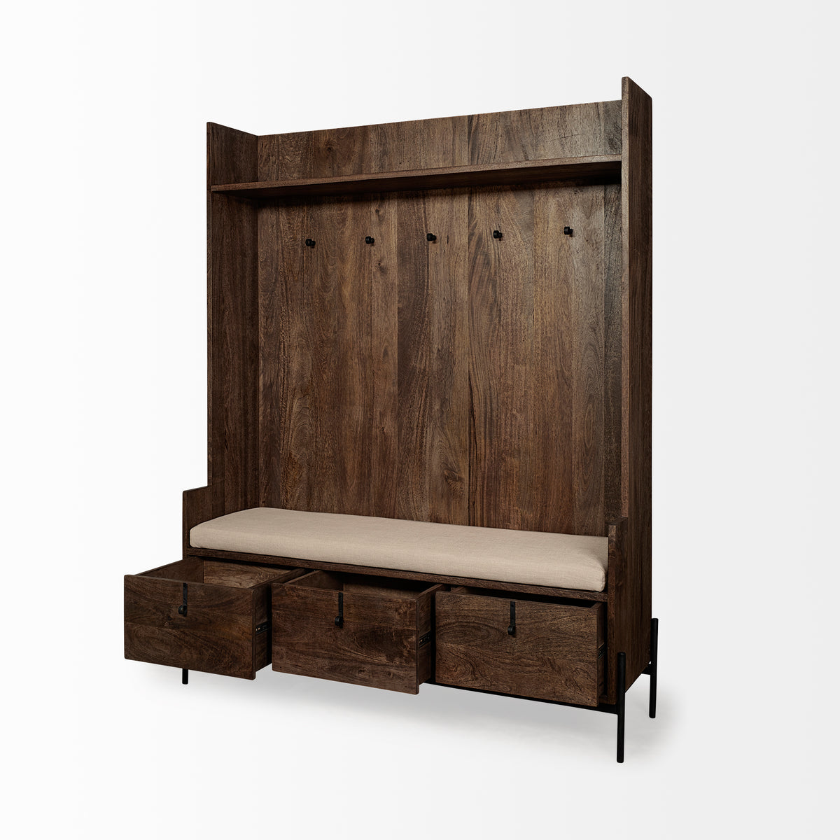 Glenn V Hall Tree - Dark Brown Wood 3 Drawers-Hall Trees-DECOROLALA