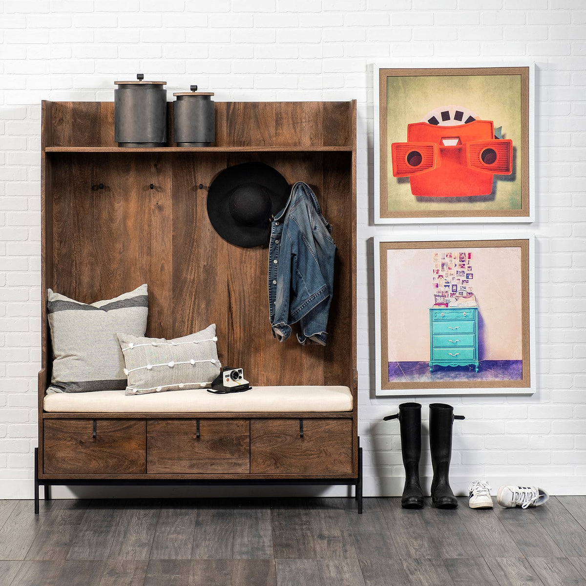 Glenn V Hall Tree - Dark Brown Wood 3 Drawers-Hall Trees-DECOROLALA