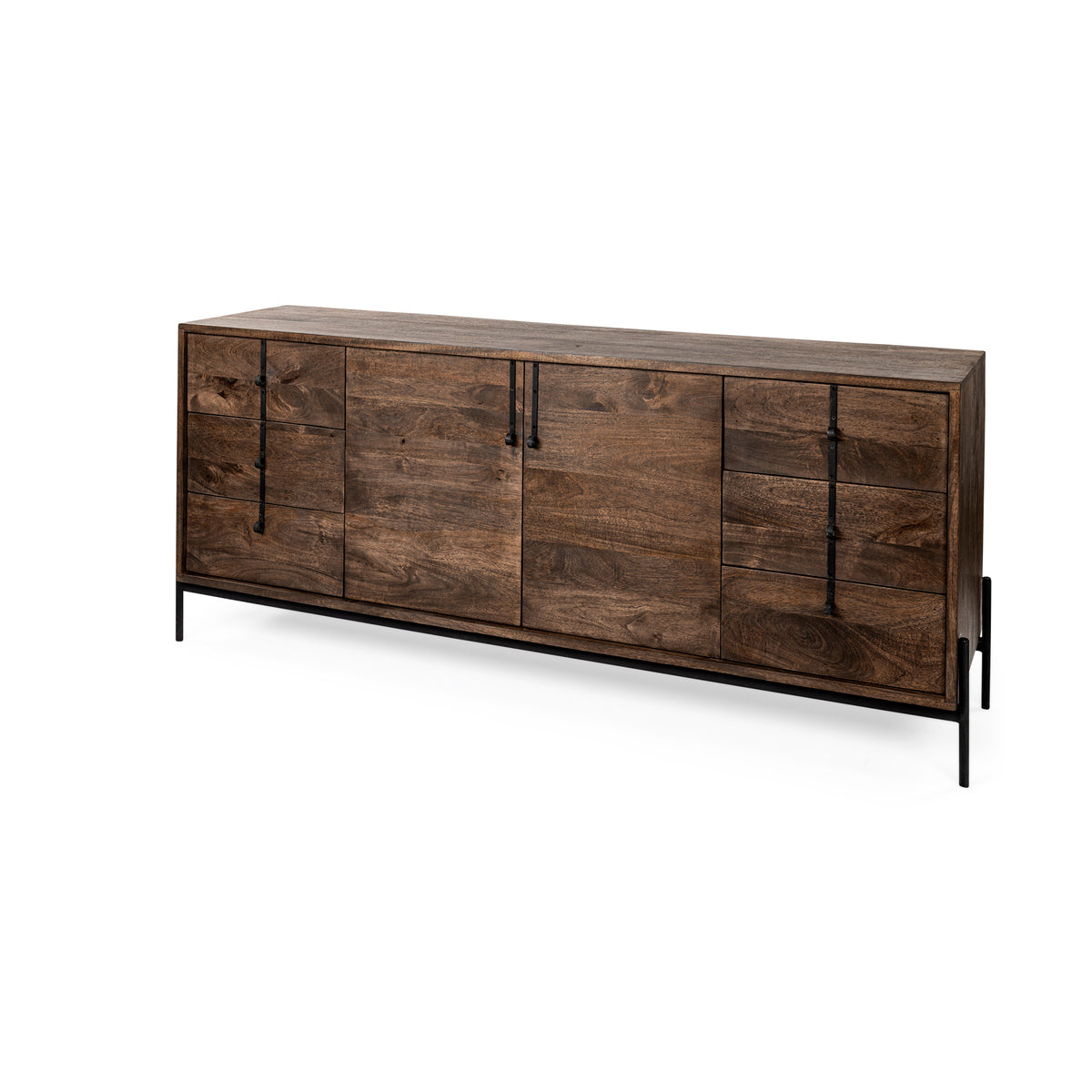 Glenn VI 71.5x18 Dark Brown Wood Frame w/ Black Iron Accent, 6 Drawer, 2 Door Cabinet Sideboard-Sideboards & Buffets-DECOROLALA