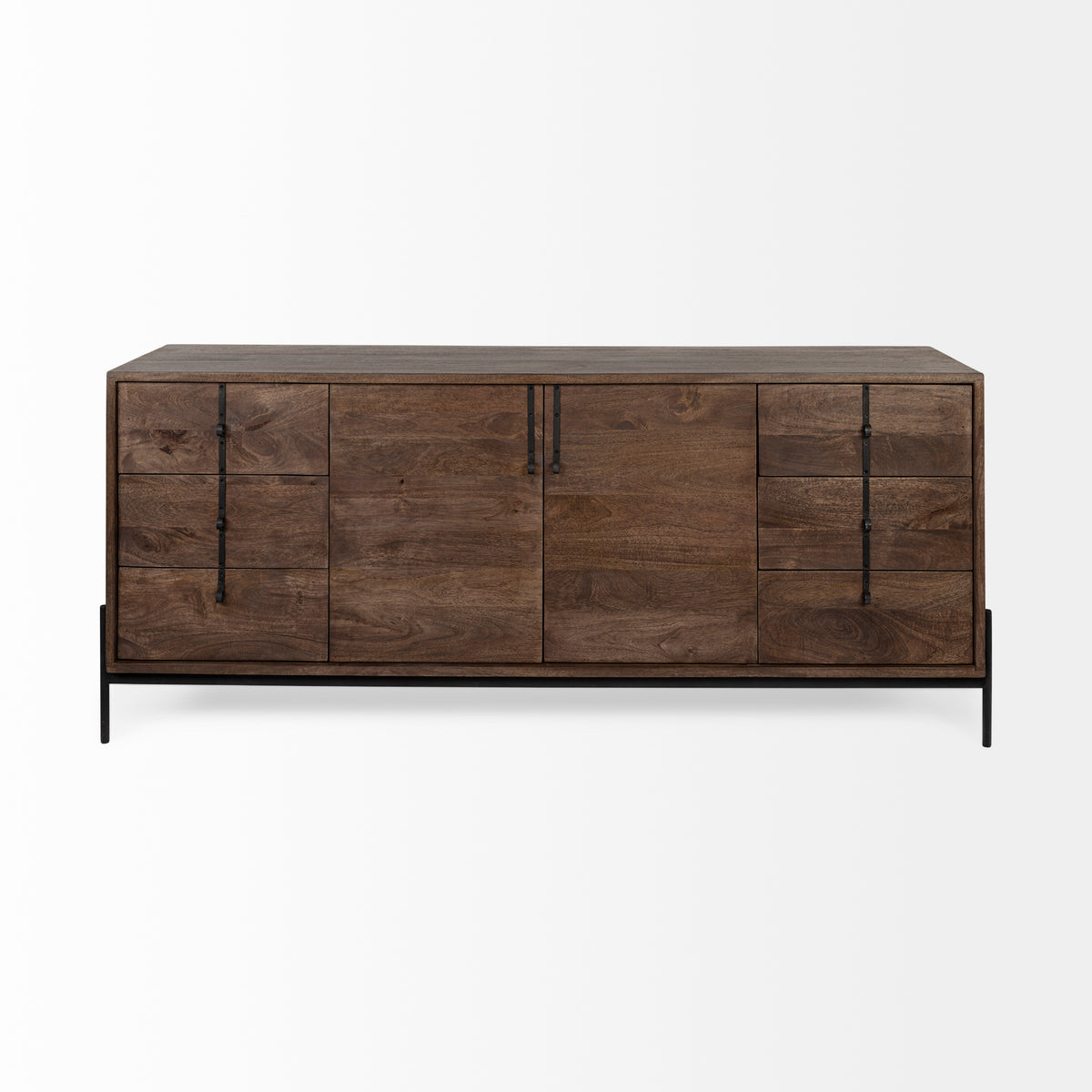 Glenn VI 71.5x18 Dark Brown Wood Frame w/ Black Iron Accent, 6 Drawer, 2 Door Cabinet Sideboard-Sideboards & Buffets-DECOROLALA