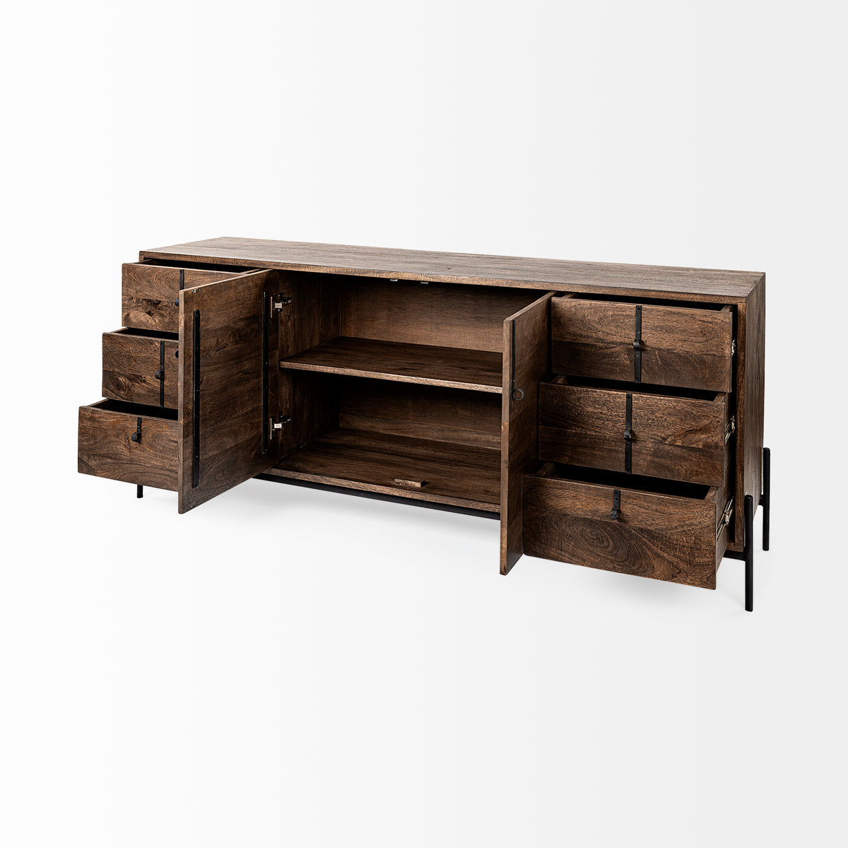 Glenn VI 71.5x18 Dark Brown Wood Frame w/ Black Iron Accent, 6 Drawer, 2 Door Cabinet Sideboard-Sideboards & Buffets-DECOROLALA