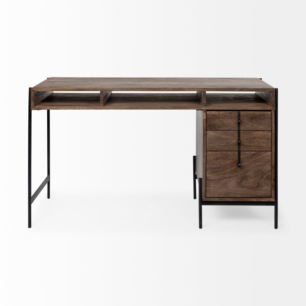 Glenn VII 56L x 22W Dark Brown Wood w/ Black Iron Frame, 3 Drawer Office Desk-Office-DECOROLALA
