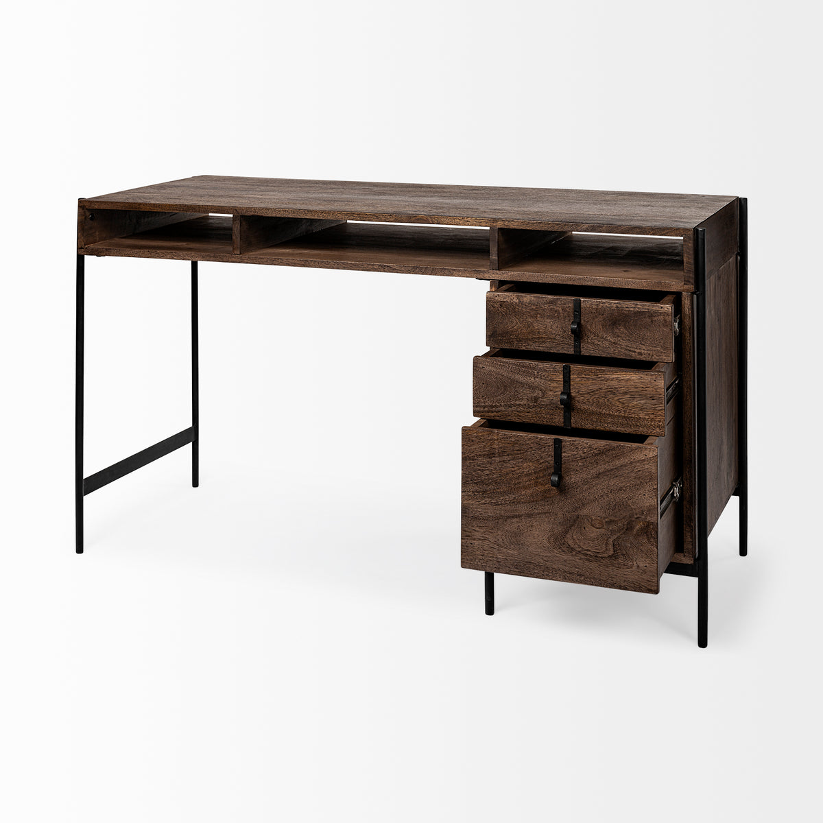 Glenn VII 56L x 22W Dark Brown Wood w/ Black Iron Frame, 3 Drawer Office Desk-Office-DECOROLALA