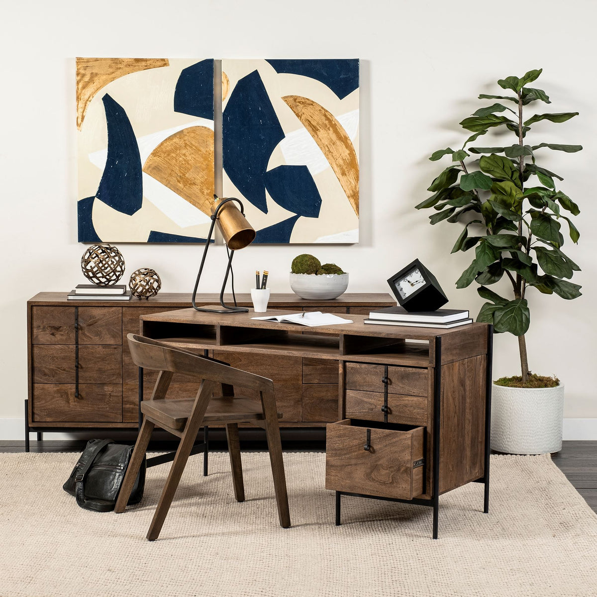 Glenn VII 56L x 22W Dark Brown Wood w/ Black Iron Frame, 3 Drawer Office Desk-Office-DECOROLALA