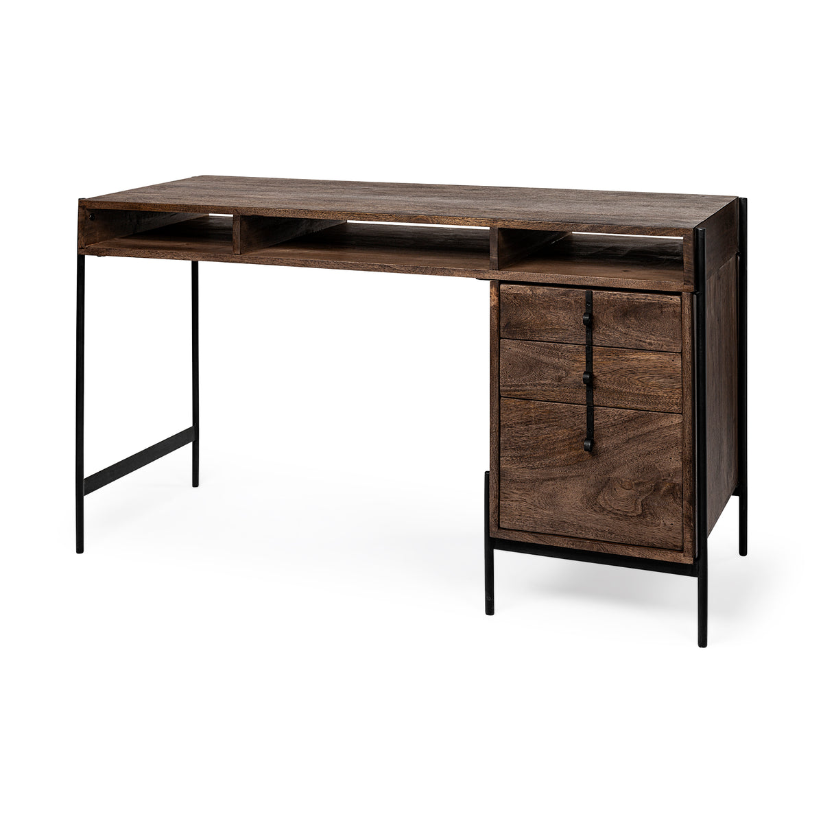 Glenn VII Dark Brown Wood and Black Iron 3-Drawer Office Desk-Office Furniture-DECOROLALA