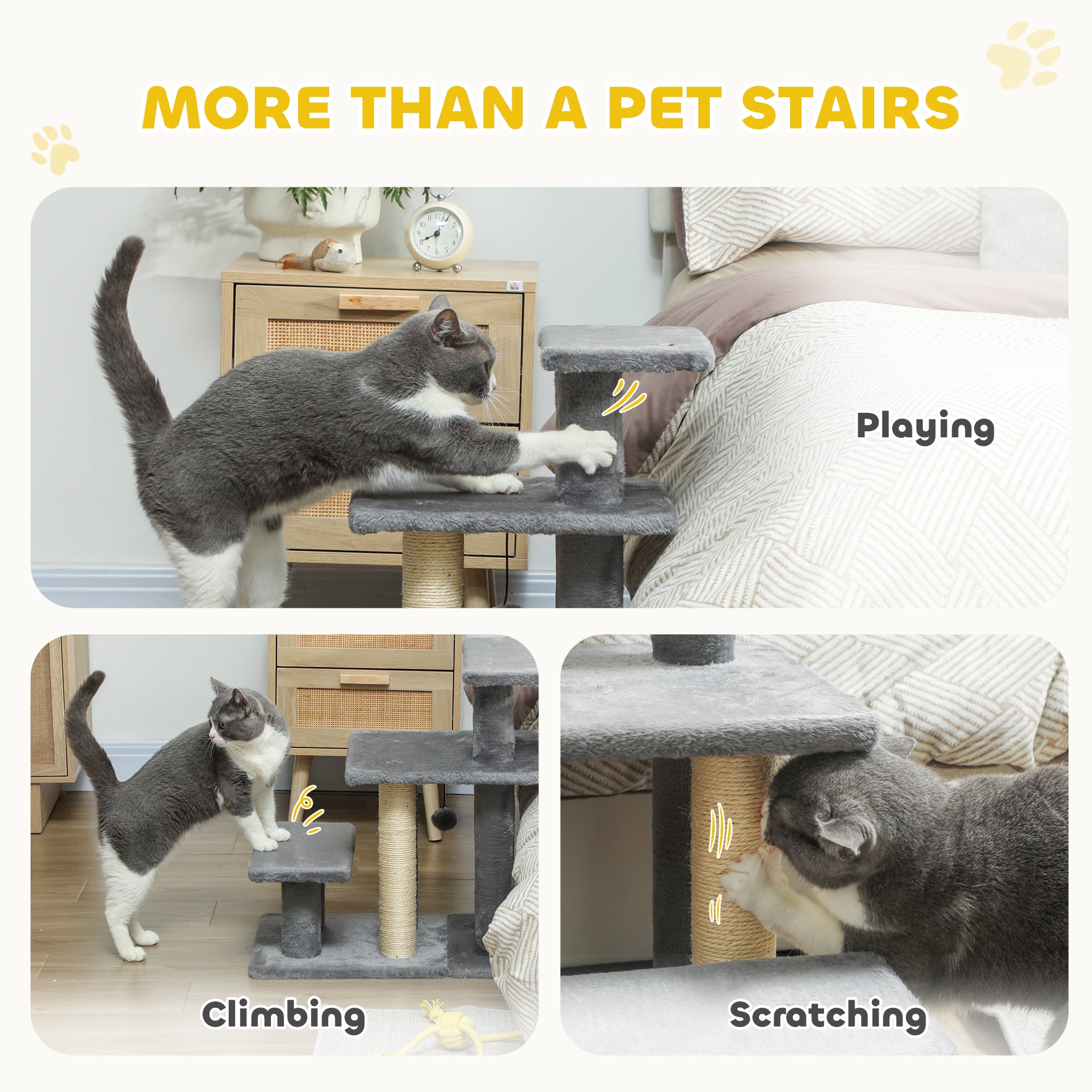 Cat Stairs with Sisal Scratching Post for High Bed Couch, Adjustable 3-Tier Pet Stairs, Grey
