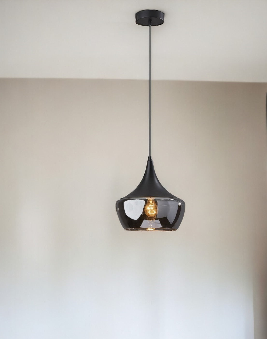 Gnome Smoked Glass Black Metal Pendant Lamp-Pendants-Hanging Lights-DECOROLALA