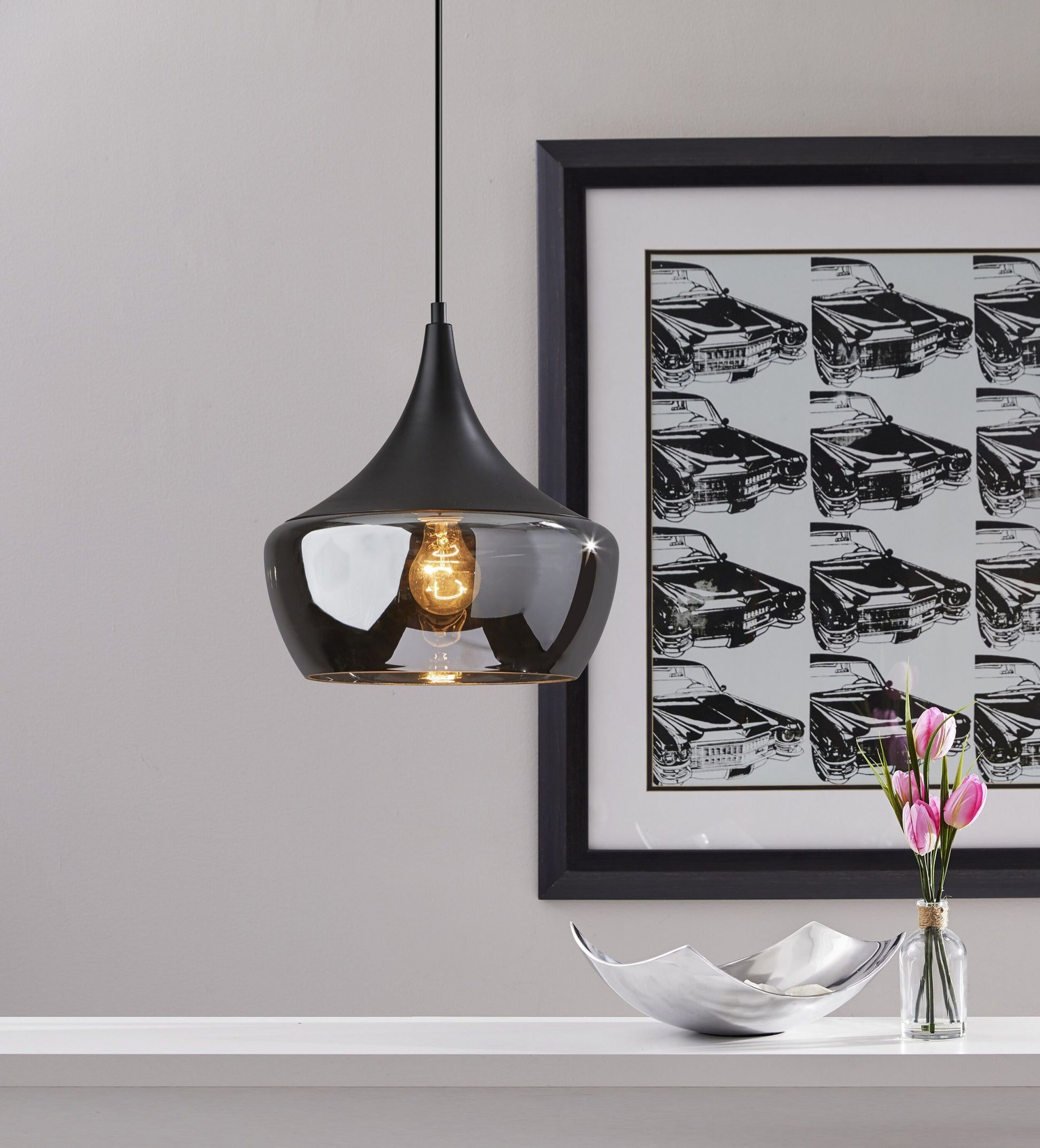 Gnome Smoked Glass Black Metal Pendant Lamp-Pendants-Hanging Lights-DECOROLALA